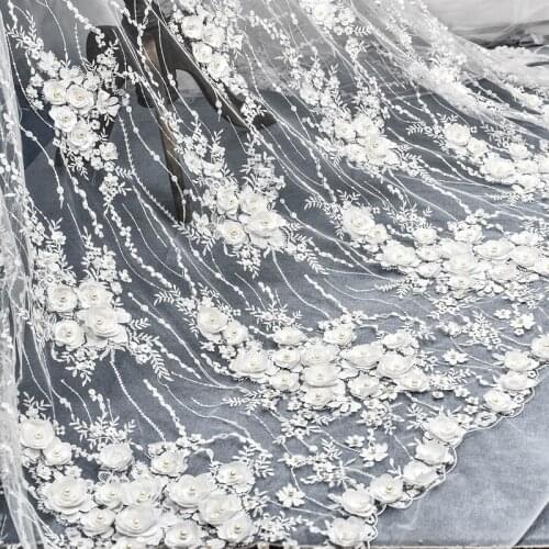 European Style Luxury Embroidered Chiffon Flower Nail Bead Sequins Lace Fabric 130CM DIY Material Wedding Dress Fabric