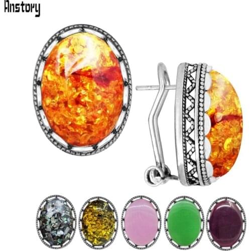 Oval Simulated Ambers And Beeswaxs Cuff Stud Earrings For Woman Double Layer Vintage Antique Sliver Plated Fashion Jewelry