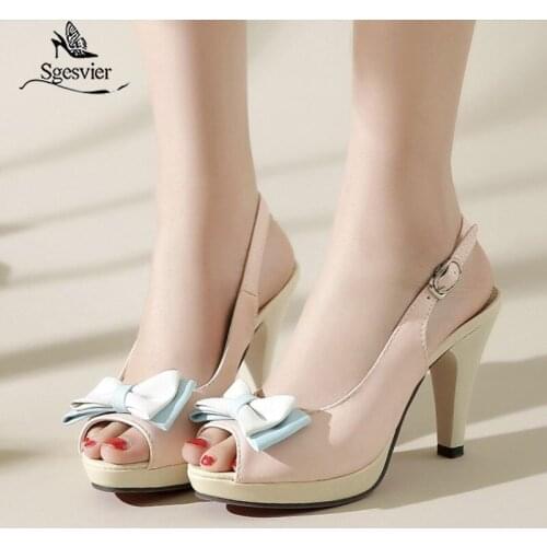 SGESVIER Big Size 31-45 Mixed Colors Bowtie Peep Toe Platform Woman Shoes Sexy Fashion Thin High Heels Ladies Party Sandals B02