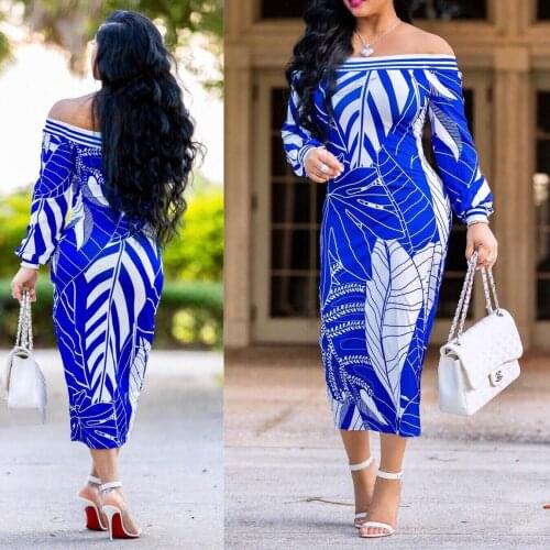 Spring and Autumn Printed Pattern Casual Fashion Womens Dress Long Sleeve Slash Neck Midi Dress