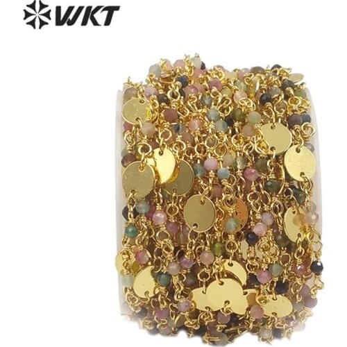 WT-RBC144 WKT Trendy Rosary Chain Rainbow Tourmaline Beads Chain Gold Electroplated Rosary Chain For Fashion Necklace Making