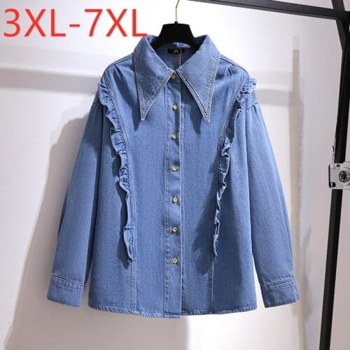New 2021 Ladies Spring Autumn Plus Size Denim Tops For Women Large Long Sleeve Loose Cotton Ruffle Blue Shirt 4XL 5XL 6XL 7XL