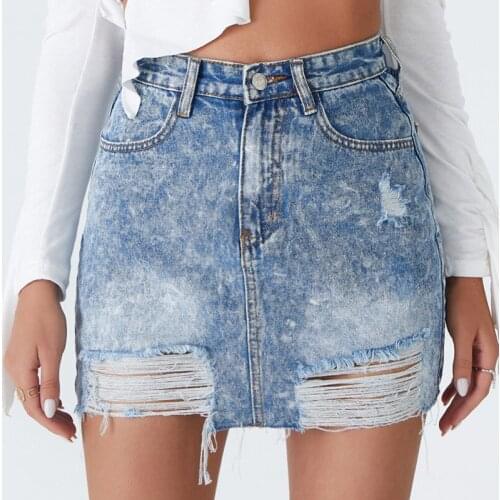Zoki Hole Blue Denim Skirt Women Fashion High Waist Cotton A Line Mini Skirt Button Hot Street Wear Summer Korean Mujer New 2021