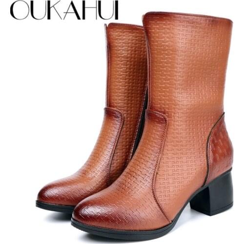 OUKAHUI 2020 Autumn Elegant Vintage Mid Calf Boots Woman Genuine Leather Round Toe Mid Thick Heel Zip Boots Women Winter Warm