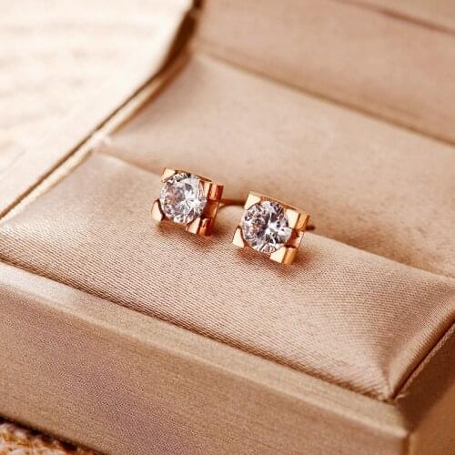 Luxury Rose Gold Color Stainless Steel Zircon Stud Earrings For Women High Quality Wedding Party Jewelry Ladies Birthday Gift