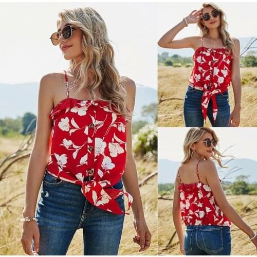 Womens Lace Vacation Printed European and American Sling Top Red