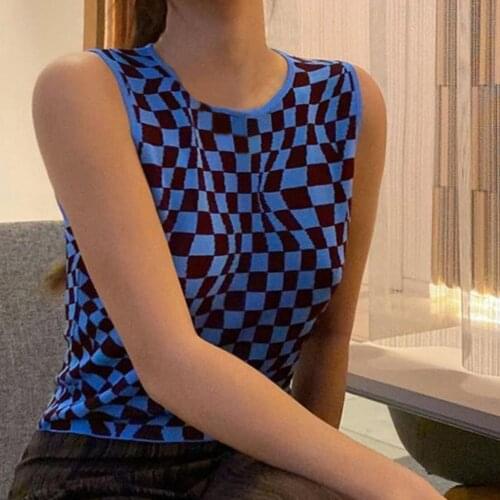 Ladies Vest Round Neck Fashion Women Slim Fit Sleeveless Top Fashion Check Color Slim Round Neck Wool Knitted I-Shaped Vest
