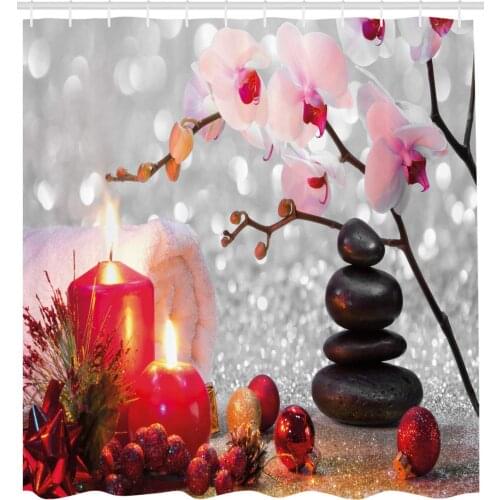 Winter Christmas Themed with Pink Orchid Stone and Red Candles Bathroom Decor