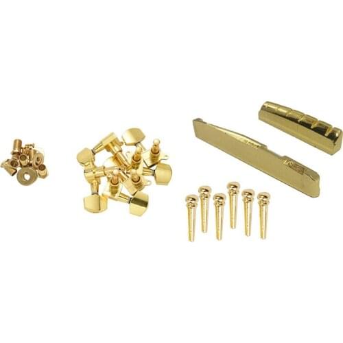 1 Set Gold Sealed Guitar String Tuning Pegs Tuners Machine Heads & 1 Set Guitar Brass Bridge Pins Saddle Nut