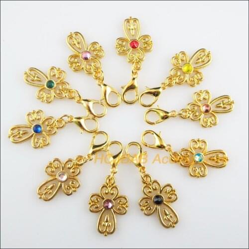 10New Cross 14.5x21.5mm Charms Mixed Round Crystal Gold Color Retro With Lobster Claw Clasps