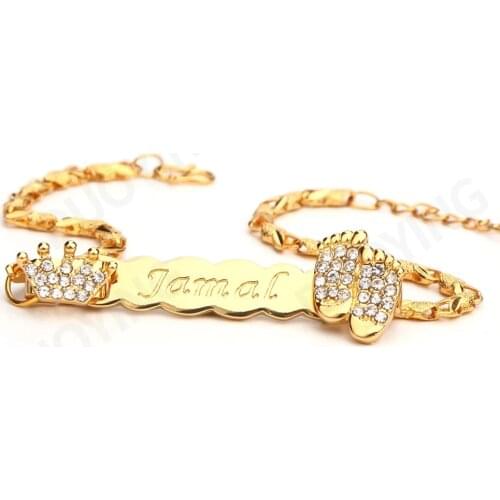 2021 New Custom Baby Name Footprint Bracelet Personlized Crown Zircon Cute Nameplate Bar With Birthstone for Cute Jeweley Gift