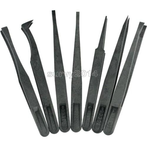 7Pcs NEW Anti-static Tweezer Tool Straight Bend Plastic Heat Resistant