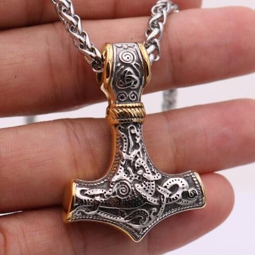 Antiquing Double Color Viking 316L Stainless steel Thor Hammer Mjolnir pendant Amulet Scandinavian Pendant Necklace Dropshipping