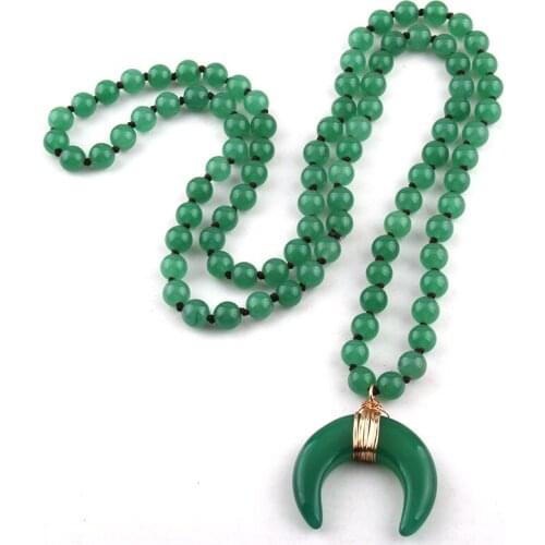 Free Shipping Fashion Semi- Precious Stones Long Knotted Stone Moon Pendant Necklaces