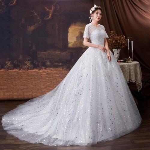 Off White Custom Made Shiny Sequnined Plus Size Wedding Dress with Sleeve Lace Embroidery Princess Bridal Gown Vestidos De Novia