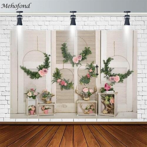 Spring Backdrops Green Leaf Pink Flower Girl Birthday Decor White Plank Antlers Photography Backgrounds Studio Props Photophone