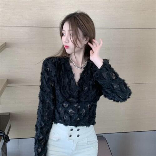 French spring and autumn shirt-style sexy lace long-sleeved V-neck stitching short furry shirt