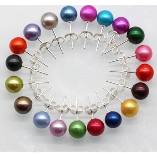 Hot sale !!! S925 Sliver Pearl studs 66 colors Earrings round freshwater pearls 6-8mm 10 /30/66 pairs popular pearl live