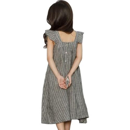 Cotton linen ruffles korean kids clothes big children dresses girls new 2020 summer baby girls Teens dress stripe party frocks