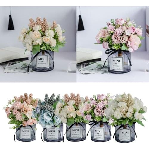 Silk Artificial Bouquet with Vase Flower Arrangement Dining Table Decor