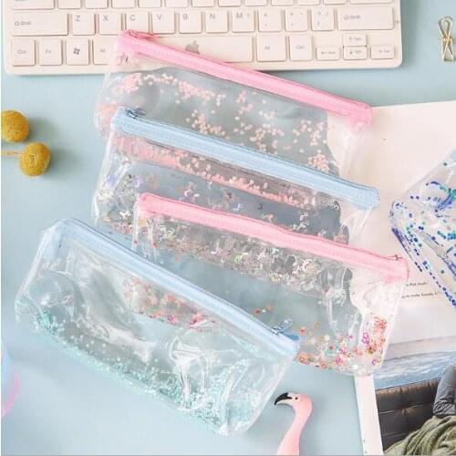 Kawaii Creative Bling Bling Flowing Fluid Transparent Pencil Bag Desk Organizer Pencil Case Girls And Boys School Stationery