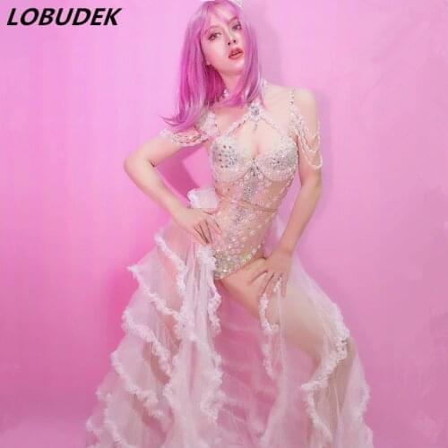 Performance Clothes Bar Nightclub Rhinestones Bodysuit Mesh Tailing Stage Outfit Sexy DJ Female Singer Transparent Dance Costume
