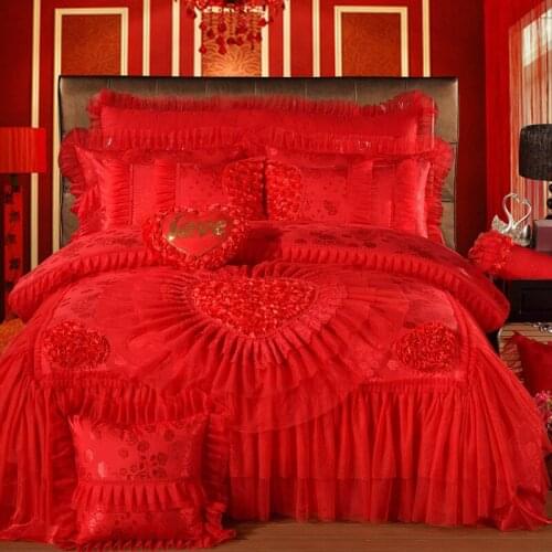 Red Pink Luxury Lace Wedding Bedding Set King Queen Size Bed Set Bedspread Bed Sheet Set Decoration De Duvet Cover Cama Juego