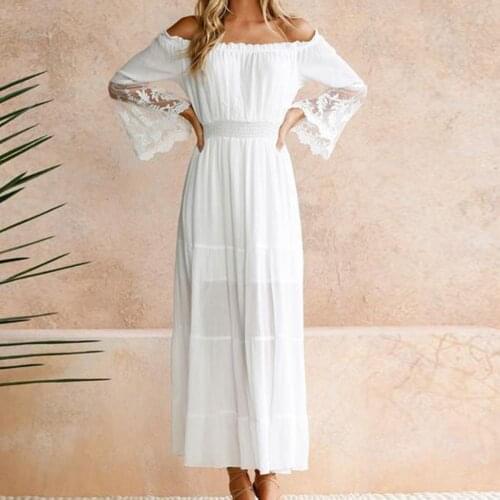 Summer Sundress Long Women White Beach Dress Strapless Flare Sleeve Loose Sexy Off Shoulder Lace Boho Maxi Dresses