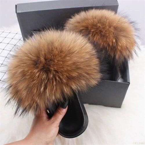 2020 Hot Sale Slippers Women Real Fox Fur Slides Furry Flat Sandals Female Cute Fluffy Shoes