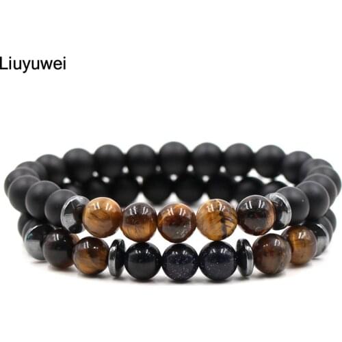 Liuyuwei 8mm 2pcs/set Natural stone Beads men bracelets Charm Matte Black Beads Onyx Stone Matt Bracelets for Men YW047