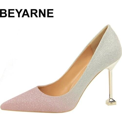 BEYARNEKorean-style Fashion Thin Heeled High-Heel Shallow Mouth Pointed Mixed Colors Shiny Color Gradient-Slimming WOMENS Shoes