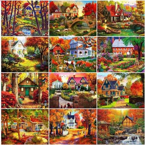 MomoArt Diamond Painting Autumn Scenery Rhinestones Diamond Embroidery House Cross Stitch Kits Mosaic New Arrival Wall Decor
