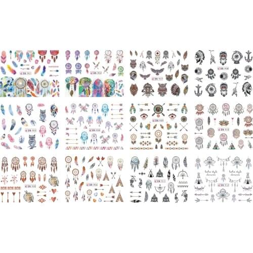 12 Sheets/Lot BN901-912 Dream Catcher Feather Arrow Harajuku Owl Nail Polish Sticker Decal For Nail ArtWater (12 DESIGNS IN 1)