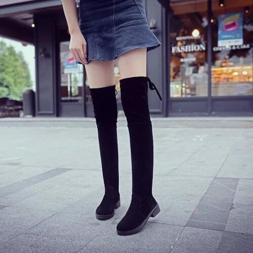 New Flock Thigh Hight Boots Sexy Winter Women Over the Knee Boots Lace Up Short Warm Plush High Boots Solid Black Shoes