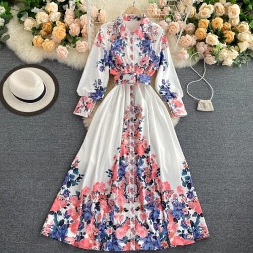 Trendy Dresses For Women Nice Elegant Vintage Floral Print Maxi Dress Boho Vacation Long Sleeve Long Shirt Dress With Belt
