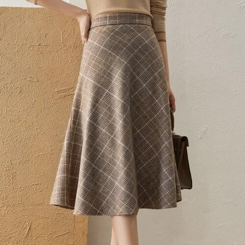 Woolen Autumn Winter Plaid Skirt Women High-waisted Skirt Vintage Long skirts Ladies Office Harajuku Mid skirts Streetwear