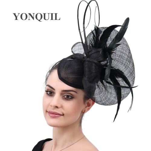 Black Derby Fascinator Hats Ladies Feather Sinamay Cocktail Headwear Wedding Bride Church Women Hat Fedora Caps Headpiece Party