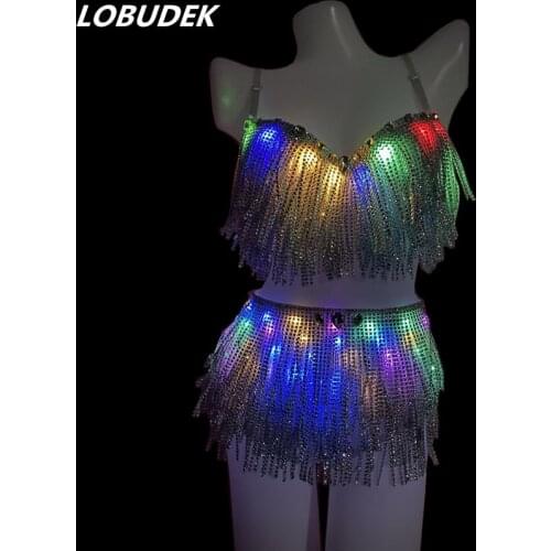 Shining LED Tassels Rhinestones Bikini Outfit Sexy Bar Club Party Performance Costume Silver Fringes Bra Shorts 2-Pieces Set