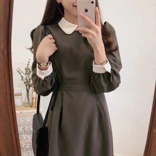 Spring Patchwork Vintage Sweet Female Vestidos Women High Waisted Long Dress Peter Pan Collar A-Line Maxi Dresses