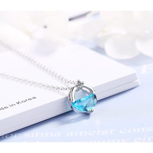XLC15 925 Sterling Silver Round Circle Blue Clear Zircon With Water Spring Shaped Pendant Necklace Jewelry For Women