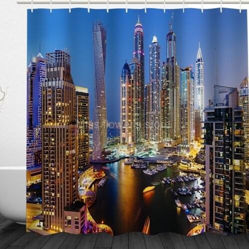 Dubai City Night Scene Design Custom Shower Curtains Bathroom Waterproof Mildew Polyester Fabric + 12 Hooks