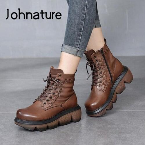 Johnature Genuine Leather Zip Ankle Boots Women Shoes Leisure Round Toe 2021 New Autumn Winter Sewing Handmade Platform Boots
