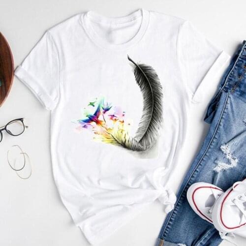 Women Graphic Cartoon 2021 Feather 90s Vintage Trend Short Sleeve Summer Fashion Print Female Clothes Tops Tees Tshirt T-Shirt