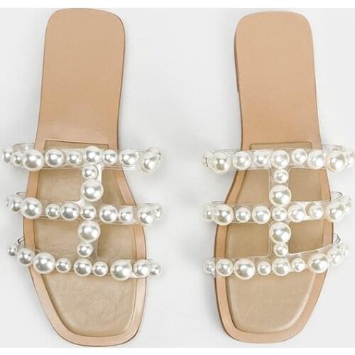 Shoes Women String Bead Slippers Flat Transparent Heel Shale Female Beach Luxury Slides Soft Sabot Designer Rome Bonded Leather