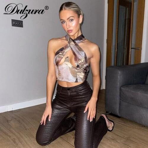 Dulzura Tie Dye Print Women Halter Crop Top Bandage Hollow Out Backless Elegant Party Club Streetwear 2021 Summer Clothes