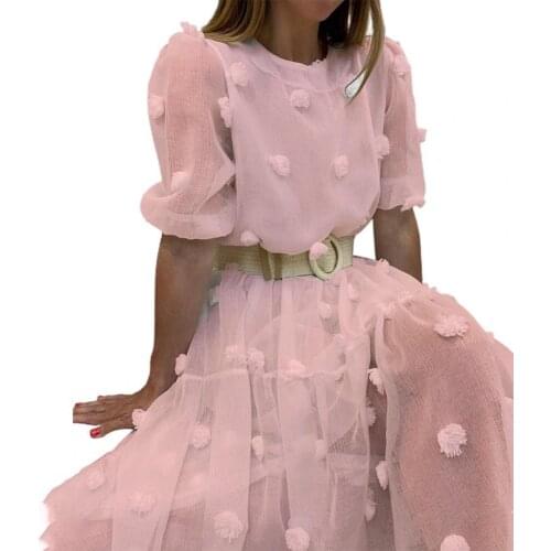 Ladies Dress Puff Sleeve Round Neck Loose Casual Mid-calf Length Net Yarn Small Flower Ball Dresses Woman Summer 2021