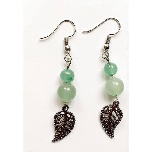 Natural Green Aventurine Stone Beads 6 8mm Round Crystal Drop Earrings Tibetan Silver Leaf Charm Pendant Hook Earrings 1 Pair