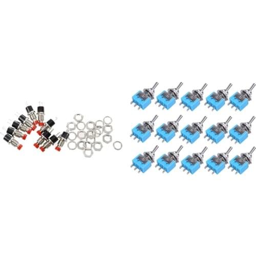10Pcs SPST Momentary Mini Pushbutton Switch DC 50V 0.3A with 15Pcs 125V 6A SPDT ON-ON 3 Pin Latching Mini Toggle Switch