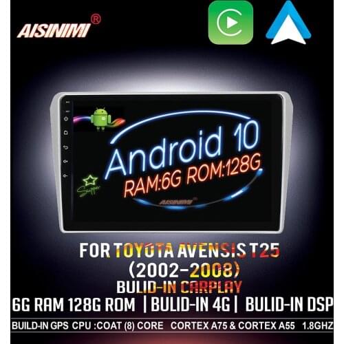 AISINIMI 6G+128G Android 10 Car Dvd Player navigation For Toyota Avensis T25 2002-2008 Audio Gps Multimedia Stereo Monitor