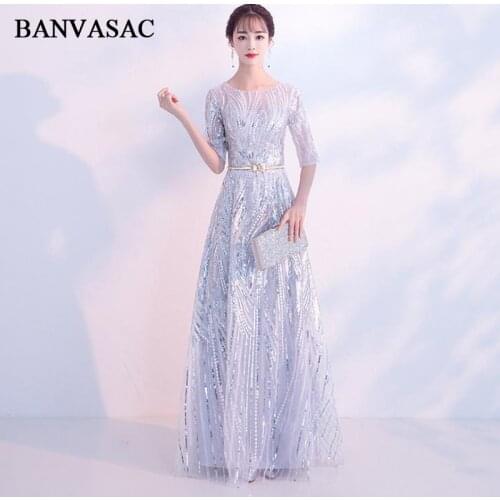 BANVASAC Illusion O Neck Metal Bow Sash A Line Long Evening Dresses Elegant Sequined Party Half Sleeve Prom Gowns